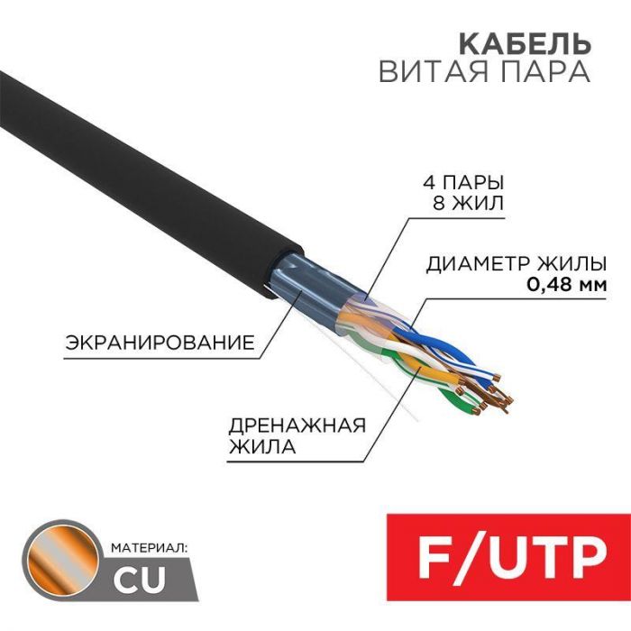 Кабель витая пара F/UTP 4х2х24AWG кат.5E медь наружн. прокл. черн. (м) PROCONNECT 01-0154